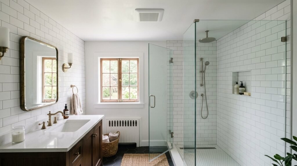 Remodeled bathroom with a walk-in shower and ceiling exhaust fan installed near the shower in an older Greater Boston home