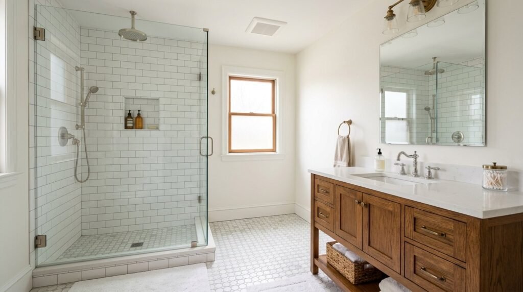 Remodeled bathroom with a ceiling exhaust fan near a tiled walk-in shower and a clear mirror above a wood vanity