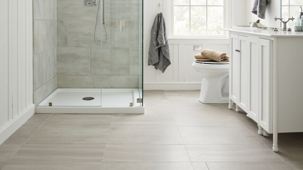 Curbless walk-in shower with continuous large-format floor tile, linear drain, and fixed glass panel in a renovated older home bathroom